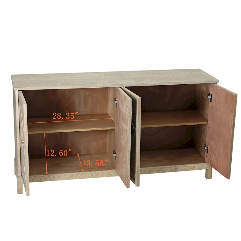 4-Door Sideboard Cabinet with Diamond Mirror Panels and Ring Handles, Grey Brown
