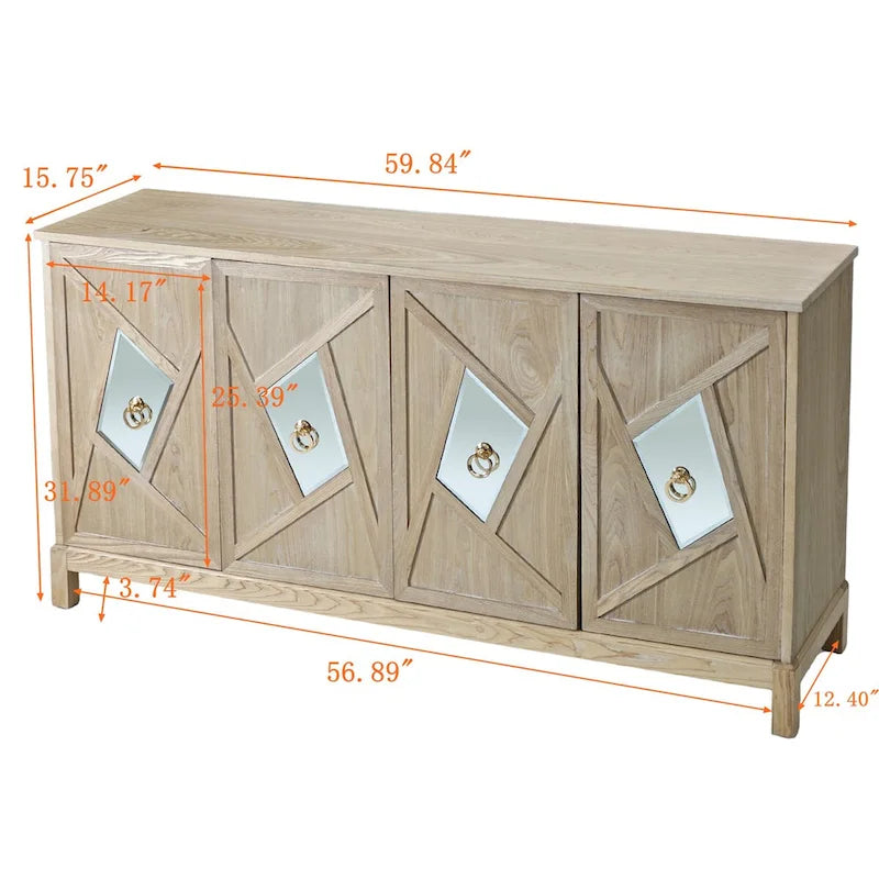 4-Door Sideboard Cabinet with Diamond Mirror Panels and Ring Handles, Grey Brown