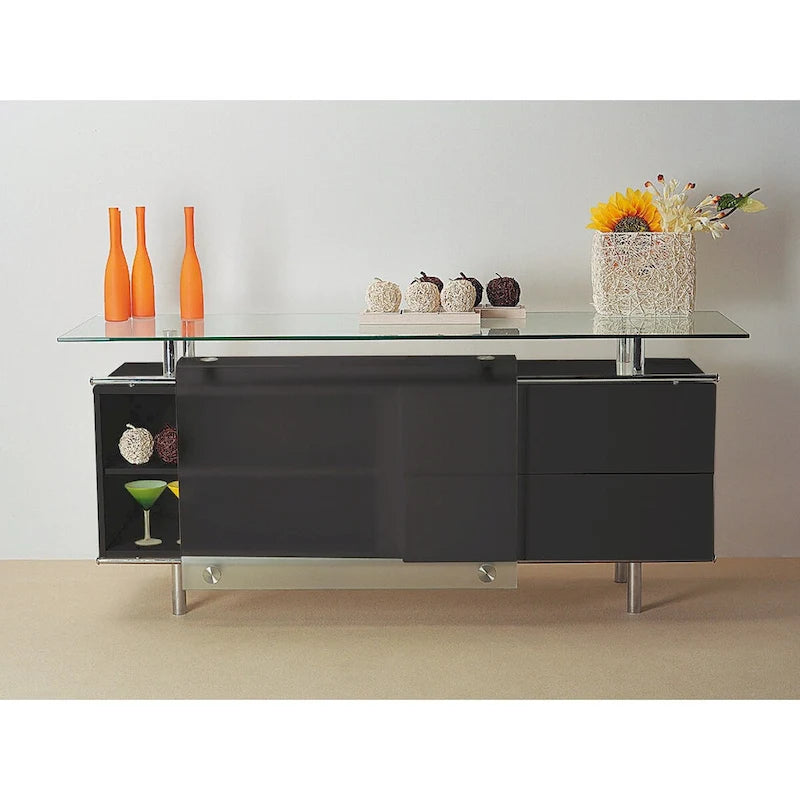 71-Inch Lacquer Buffet Sideboard with Frosted Glass Sliding Doors and Drawers, White Black Grey