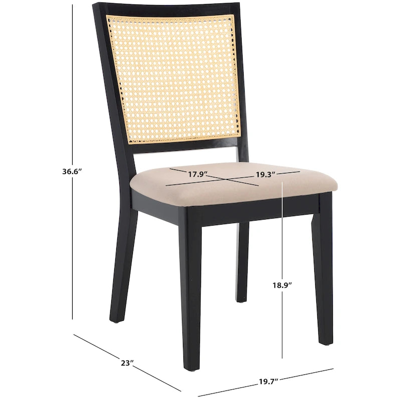 Rattan Back Upholstered Dining Chair with Black Wood Frame, Set of 2, 3 Colors