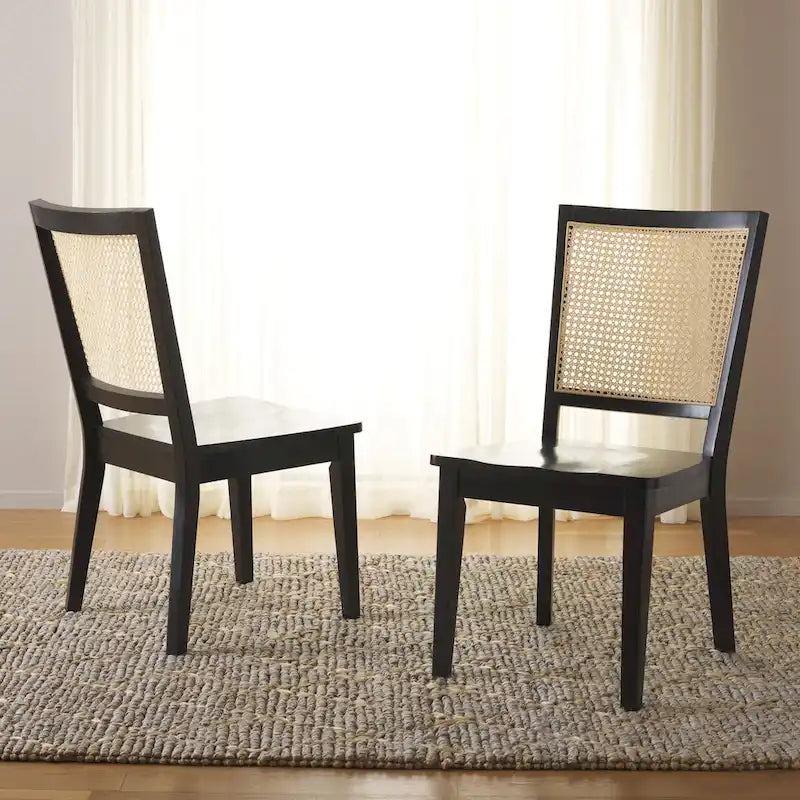 Rattan Back Upholstered Dining Chair with Black Wood Frame, Set of 2, 3 Colors