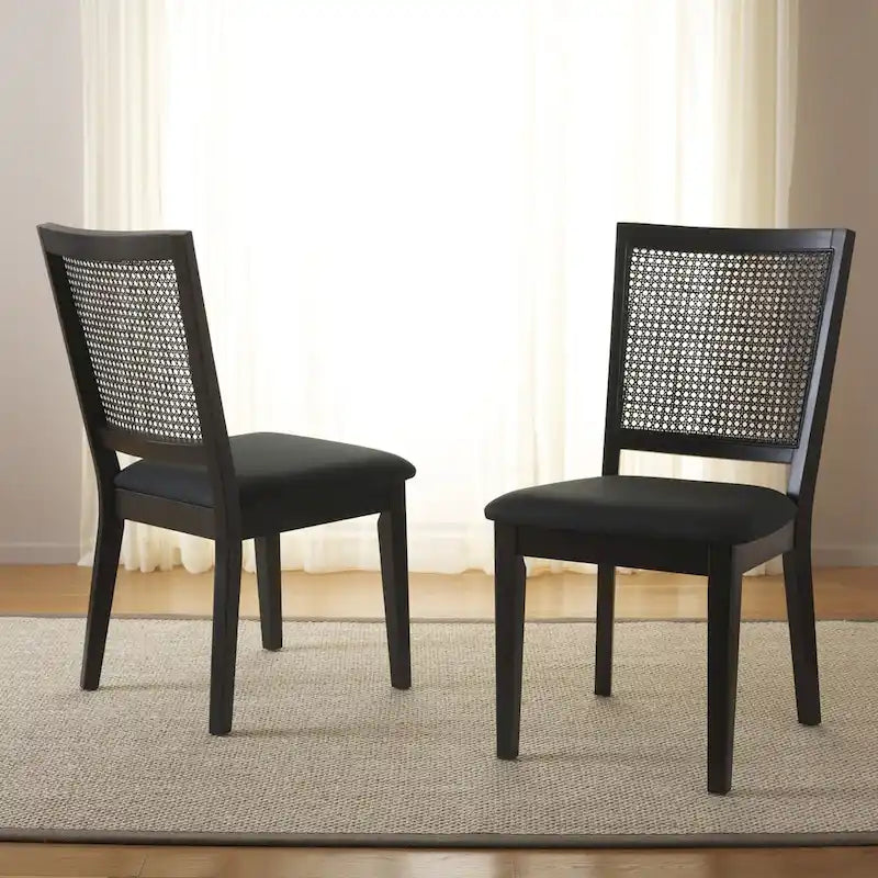 Rattan Back Upholstered Dining Chair with Black Wood Frame, Set of 2, 3 Colors