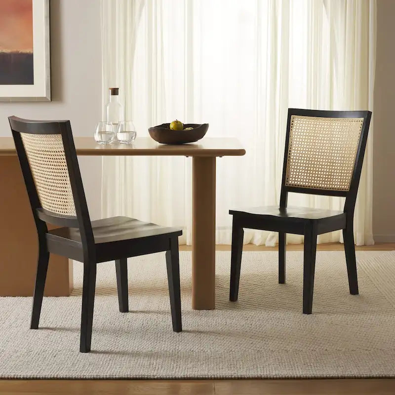 Rattan Back Upholstered Dining Chair with Black Wood Frame, Set of 2, 3 Colors