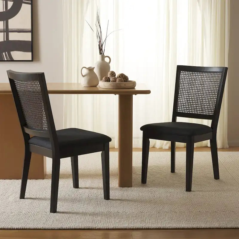 Rattan Back Upholstered Dining Chair with Black Wood Frame, Set of 2, 3 Colors