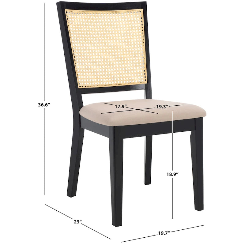 Rattan Back Upholstered Dining Chair with Black Wood Frame, Set of 2, 3 Colors