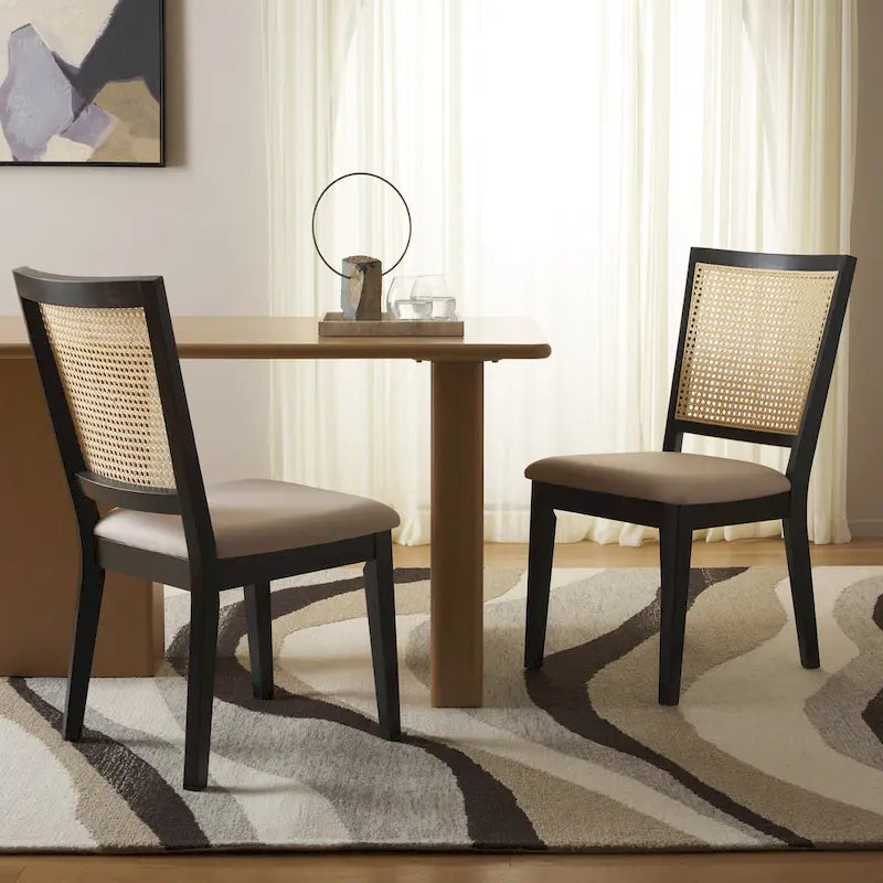 Rattan Back Upholstered Dining Chair with Black Wood Frame, Set of 2, 3 Colors