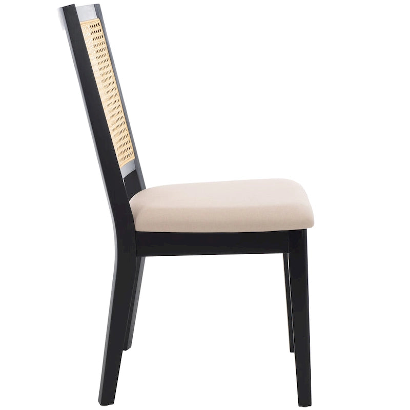 Rattan Back Upholstered Dining Chair with Black Wood Frame, Set of 2, 3 Colors